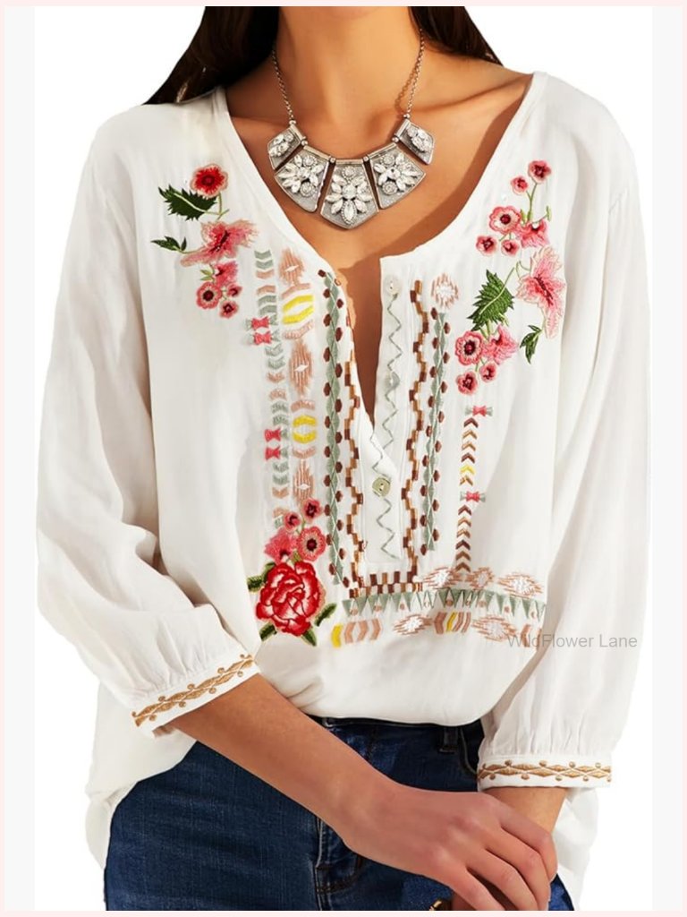 Embroidered Bohemian Tunic Peasant Blouse 3/4 Sleeve Plus Size